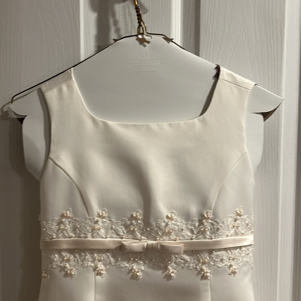 Michelangelo formal dress in off white winter white with stole wrap.
